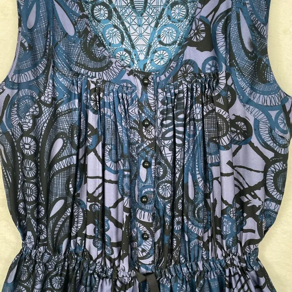Banana Republic Dress Womens 4 Blue Paisley Sleeveless Gathered Waist Ruffle - Picture 4 of 15